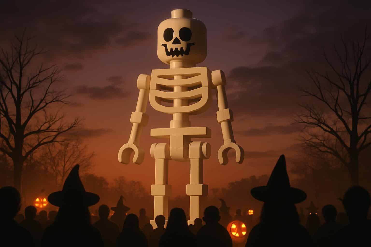 House-tall LEGO skeleton sculpture towers at Halloween event