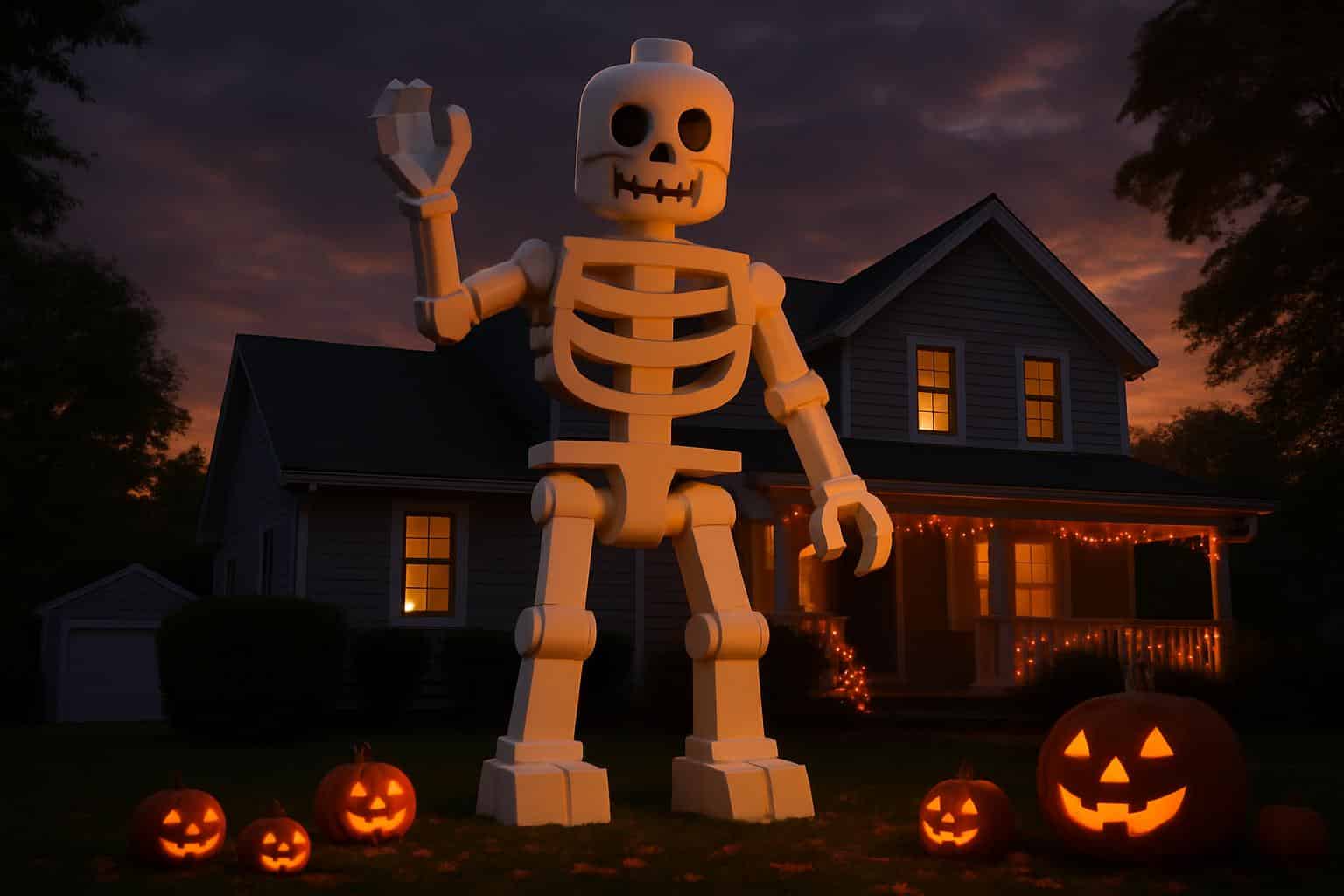 House-tall LEGO skeleton towers over a Halloween display