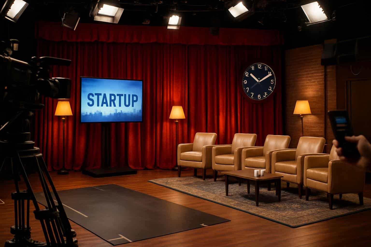 Behind-the-scenes view of Meet the Drapers pitch setup with studio lights and cameras
