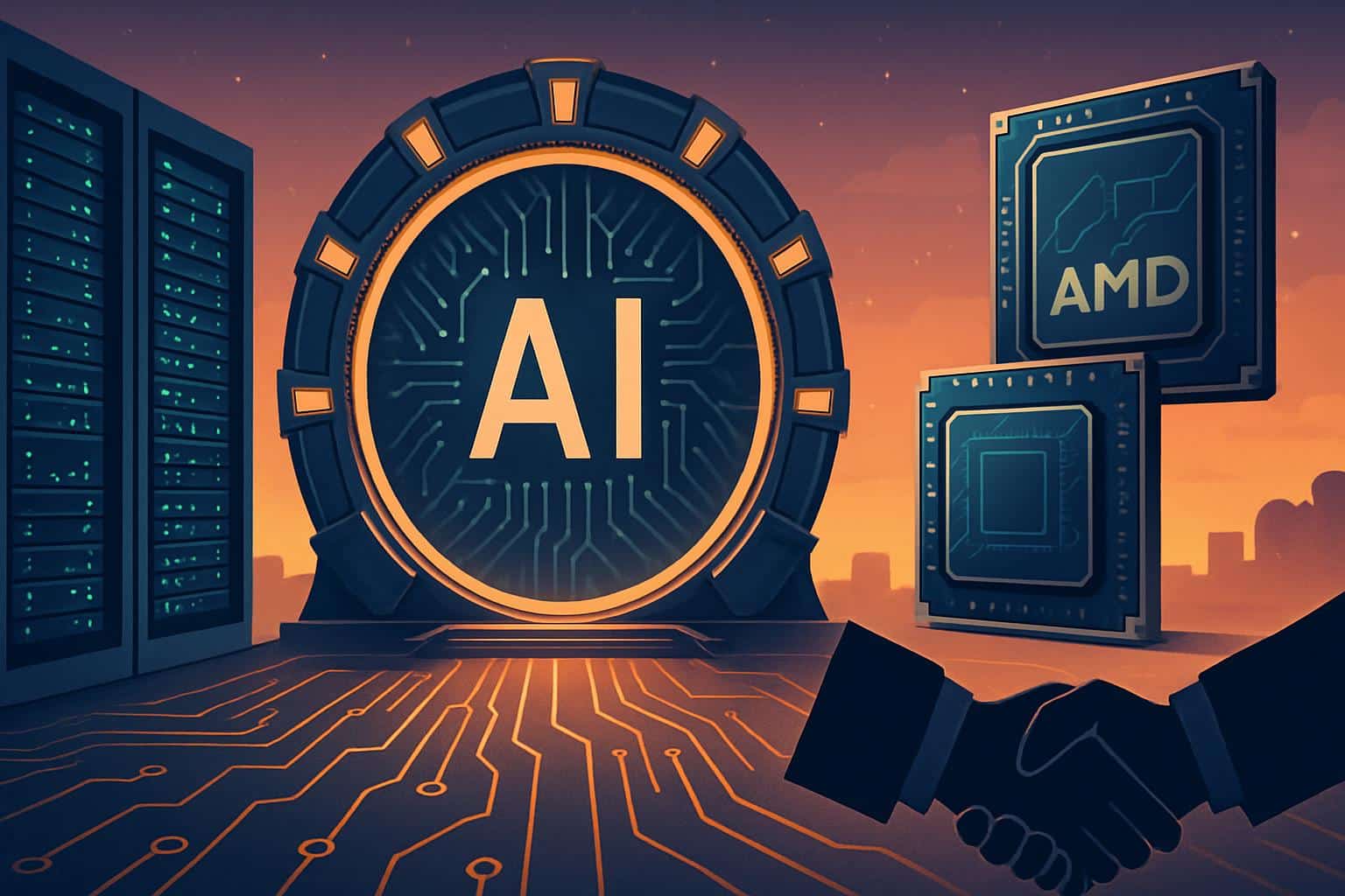 OpenAI logo with data center and AI chips, signaling more mega deals after Stargate