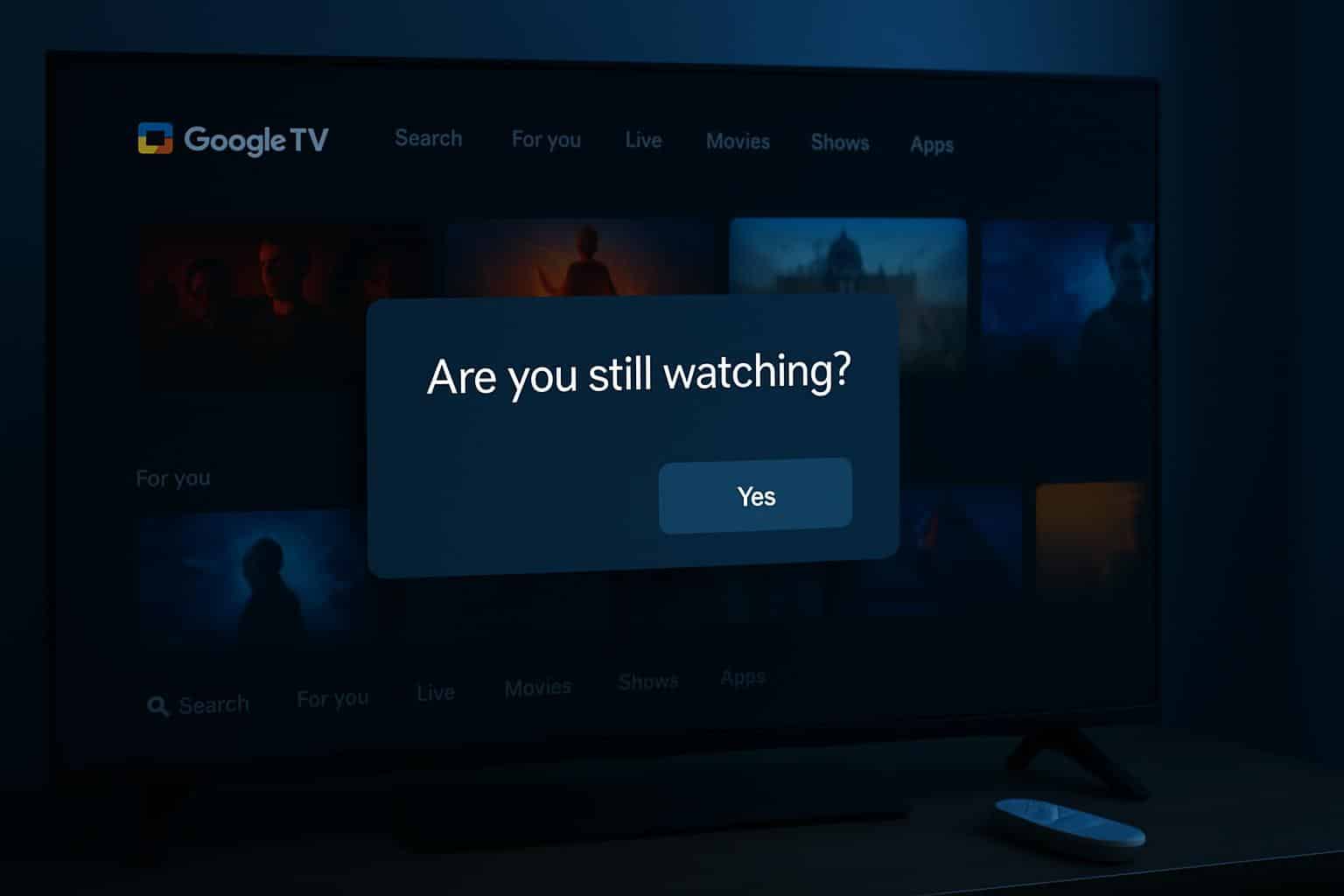 Google TV testing 'Are you still watching?' pop-up on streaming interface