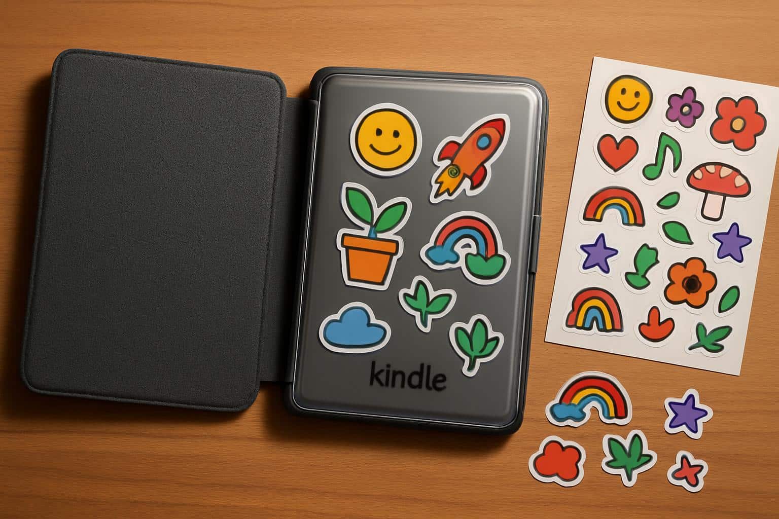 Clear-back Kindle cover encasing creative clutter: stickers, doodles, trinkets
