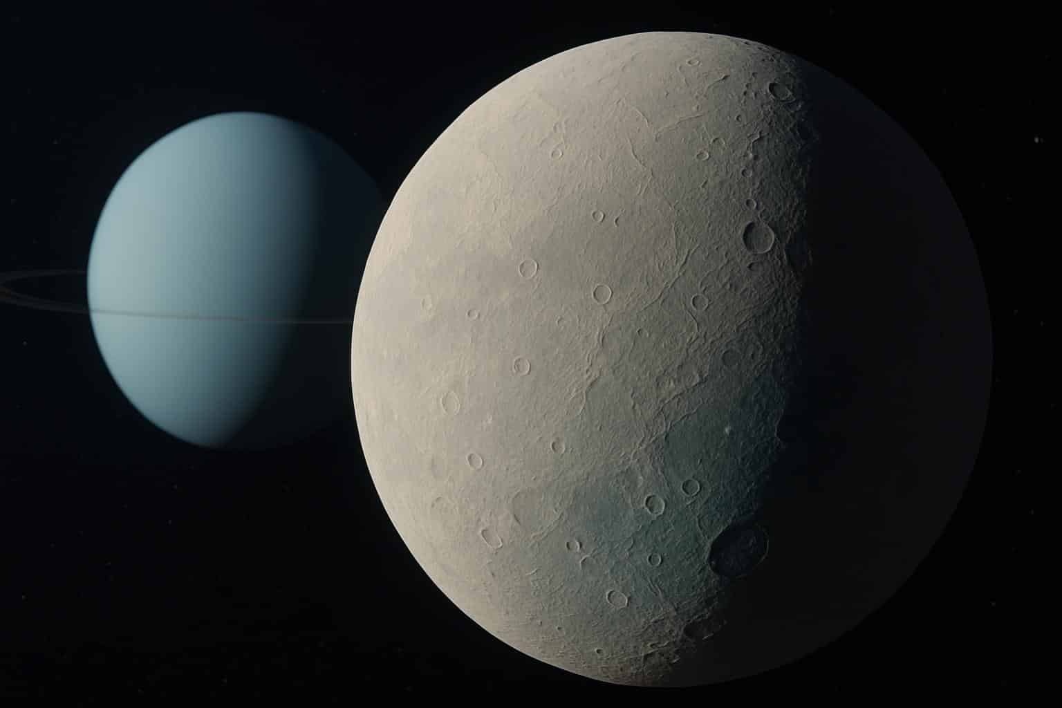 Uranus and its icy moon Ariel, which may harbor a 100-mile-deep subsurface ocean