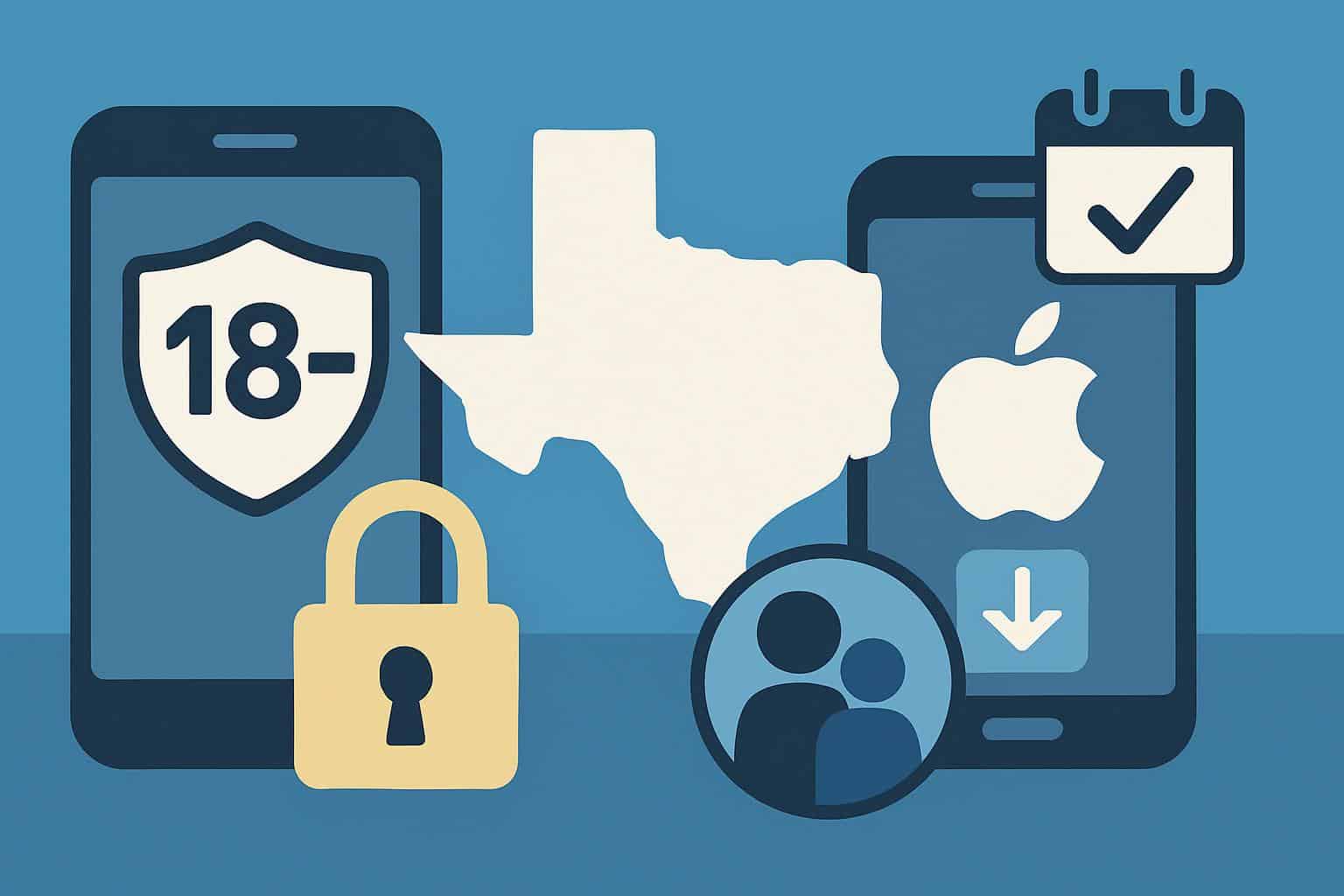 Apple logo over Texas map with App Store icon and age verification prompt