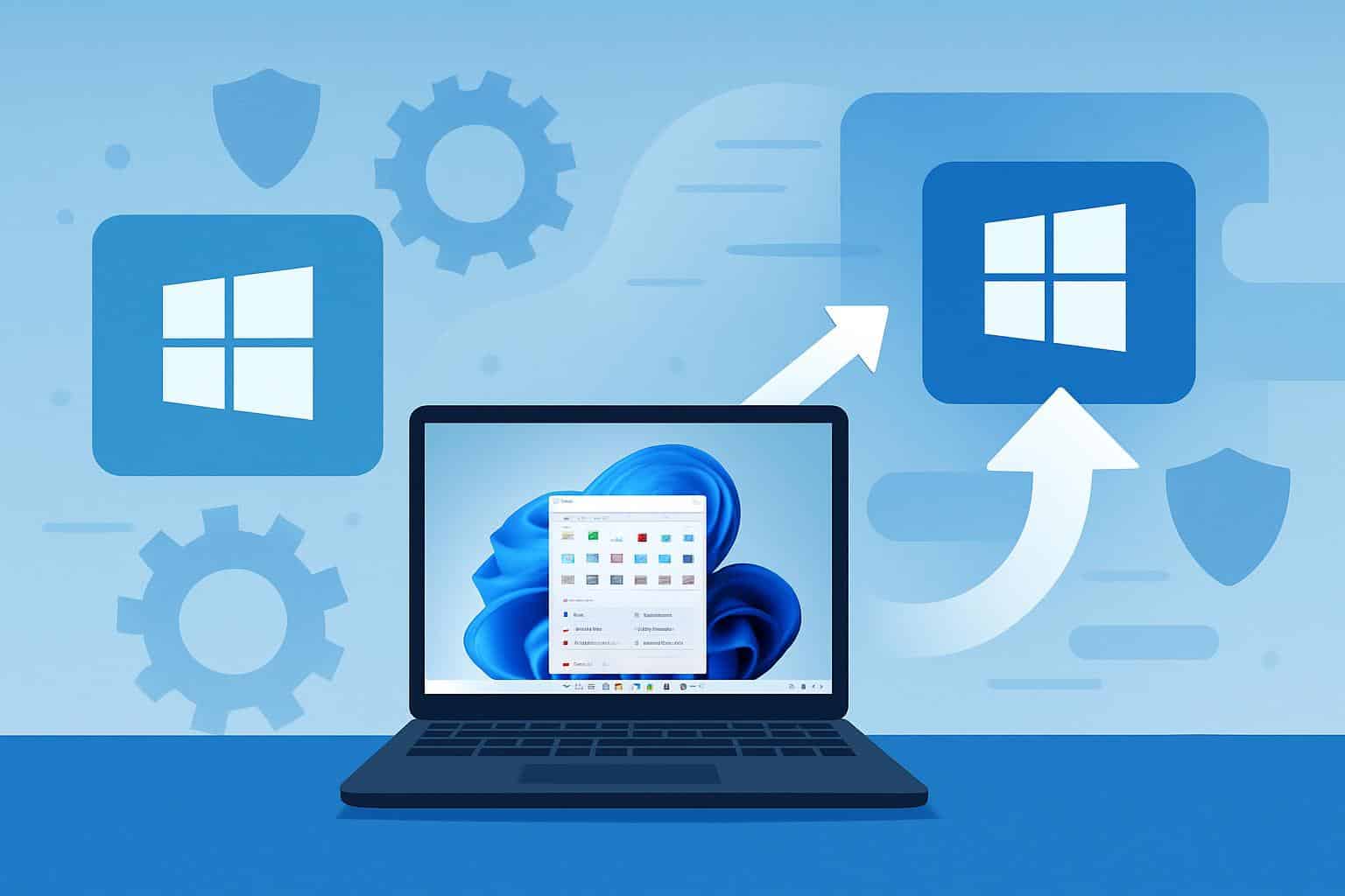 PC showing Windows 11 upgrade screen highlighting new features, speed, and security