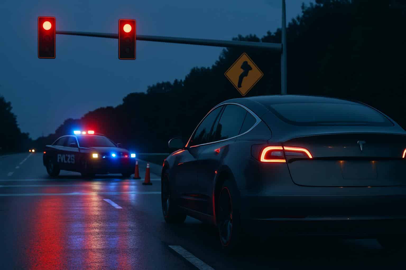 Tesla FSD under investigation for traffic safety violations, warning icon by traffic lights