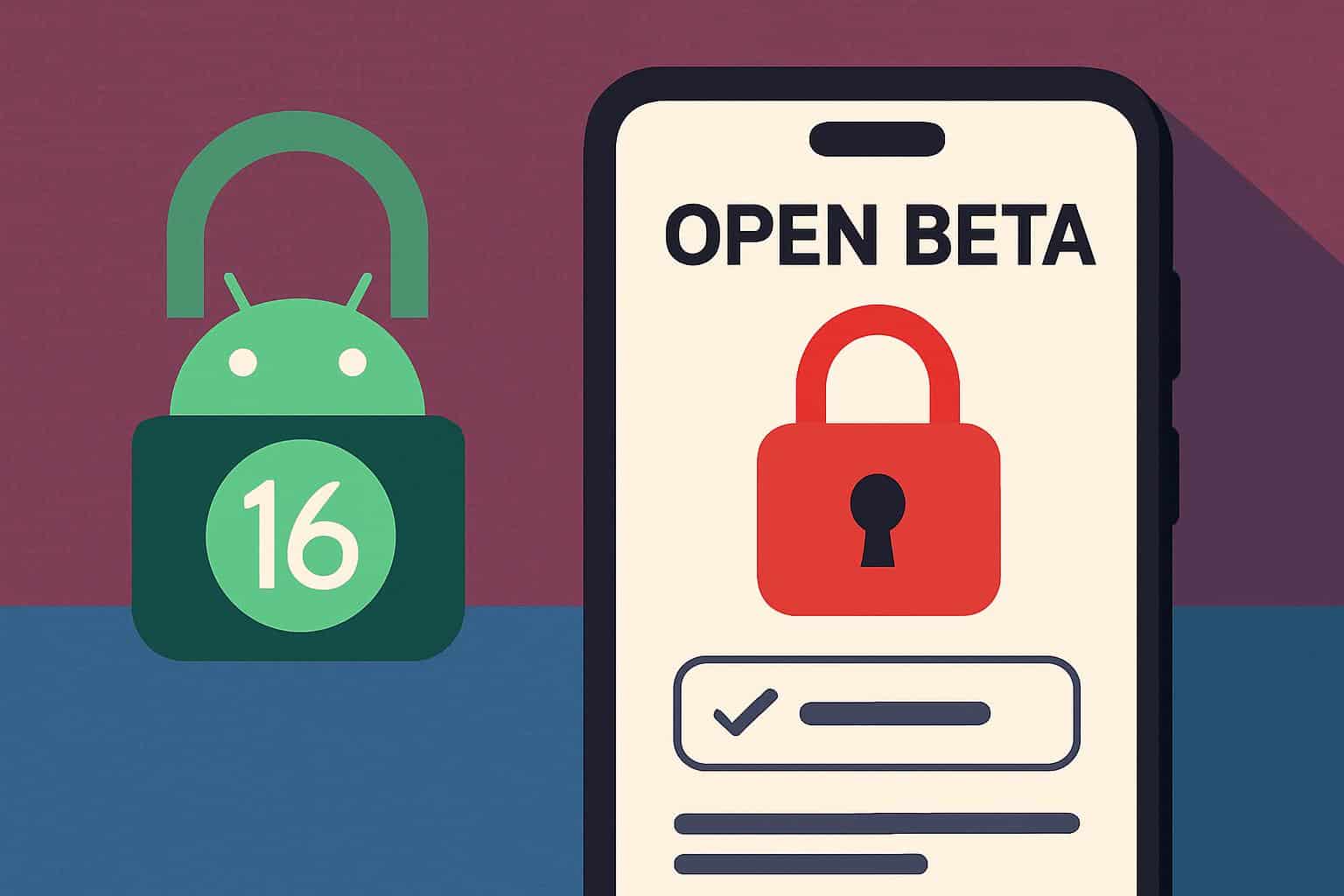 OnePlus phone with Android 16 logo and lock icon, highlighting limited Open Beta access