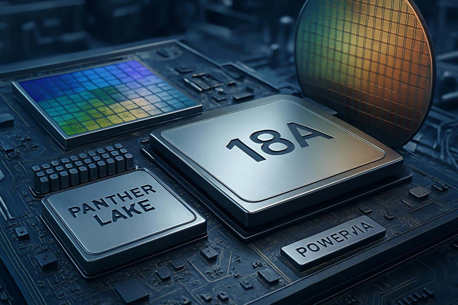 Intel Panther Lake 18A process node wafer and CPU chip, next-gen semiconductor tech