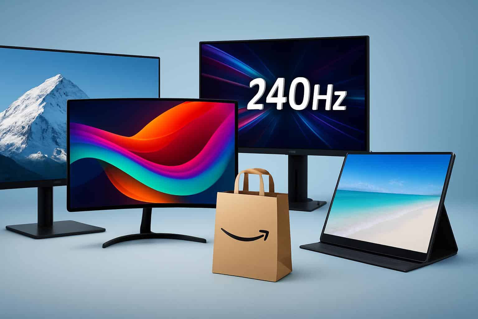 Rows of computer monitors with Amazon Prime Day sale tags for ongoing deals