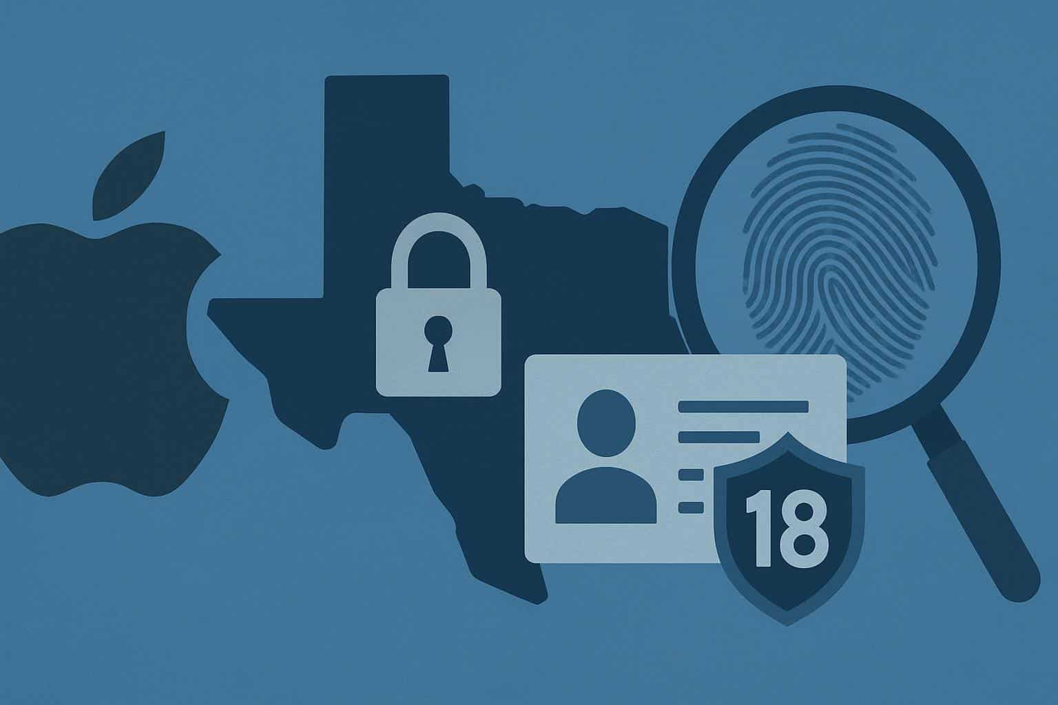 Apple logo with Texas map and lock icon, highlighting age verification law and privacy concerns