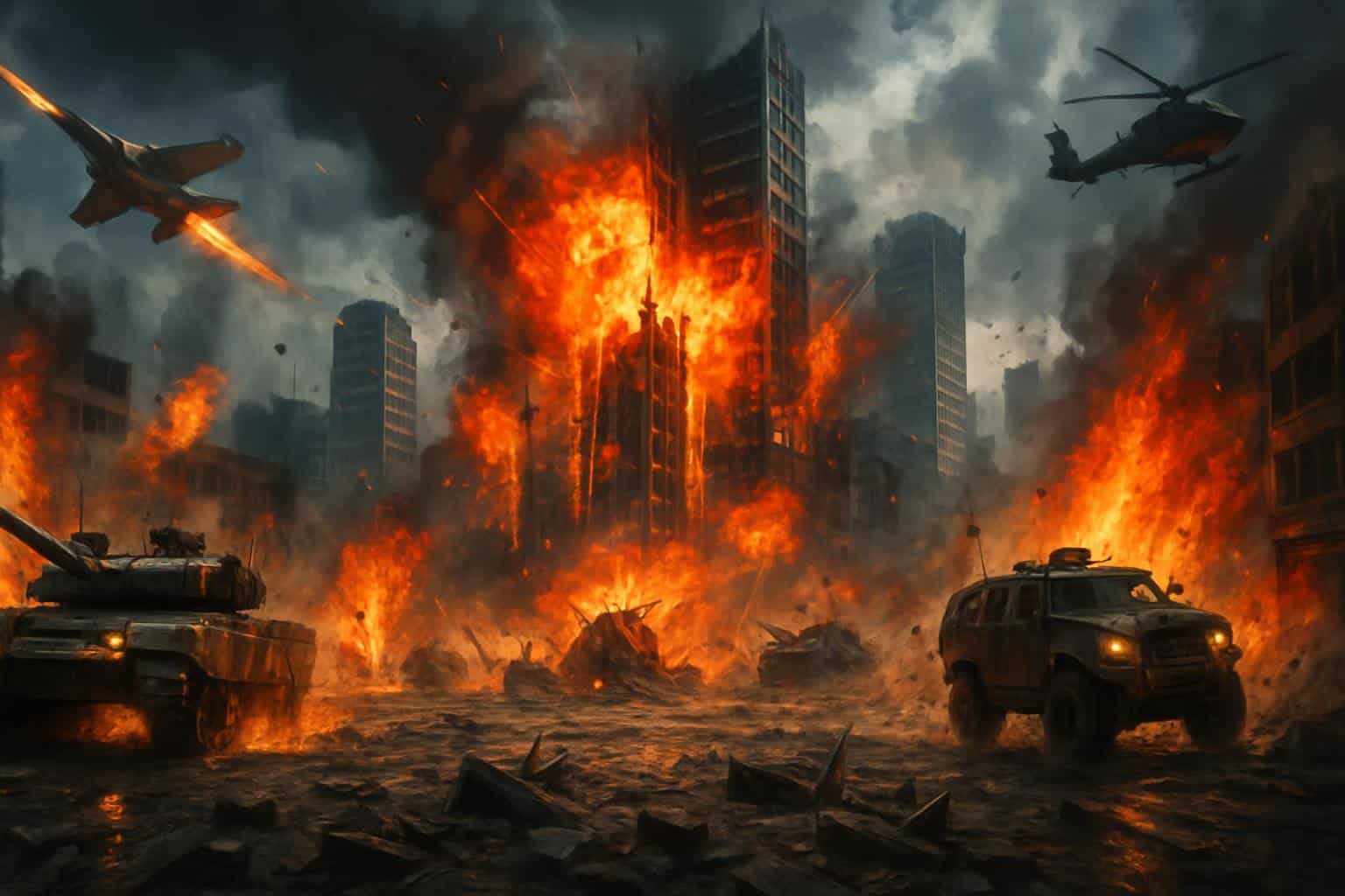 Battlefield 6 chaotic combat with explosions, tanks, jets, and urban destruction