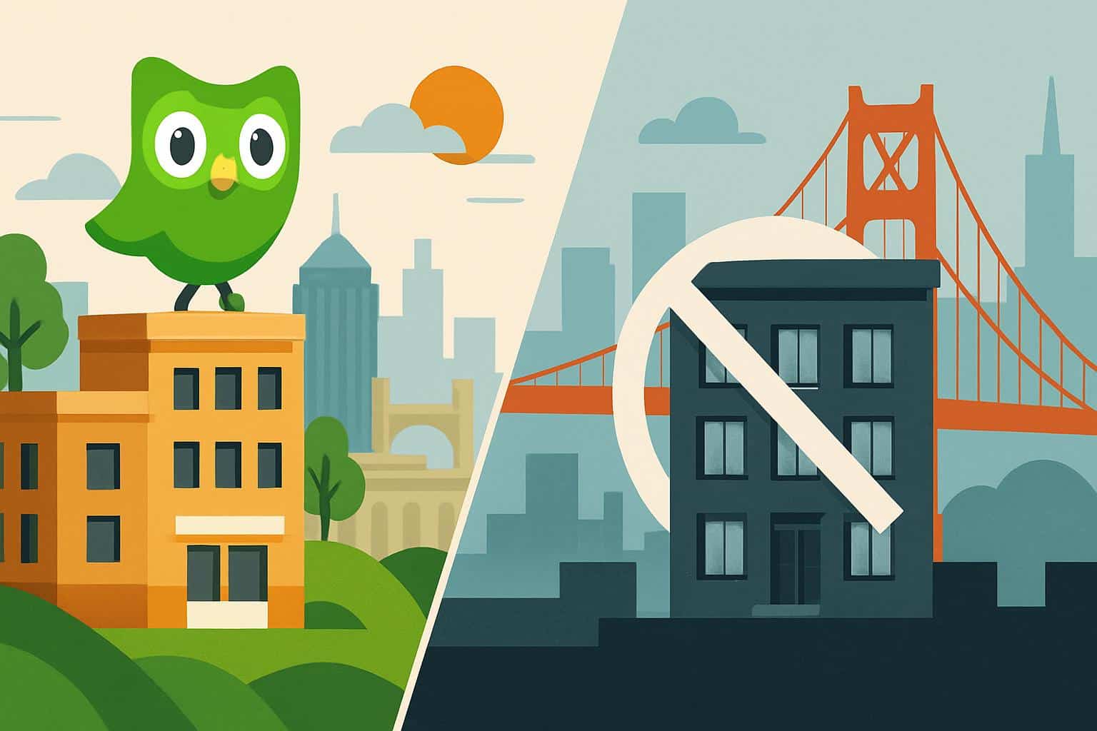 Duolingo passes on San Francisco office, SF skyline with crossed-out office icon