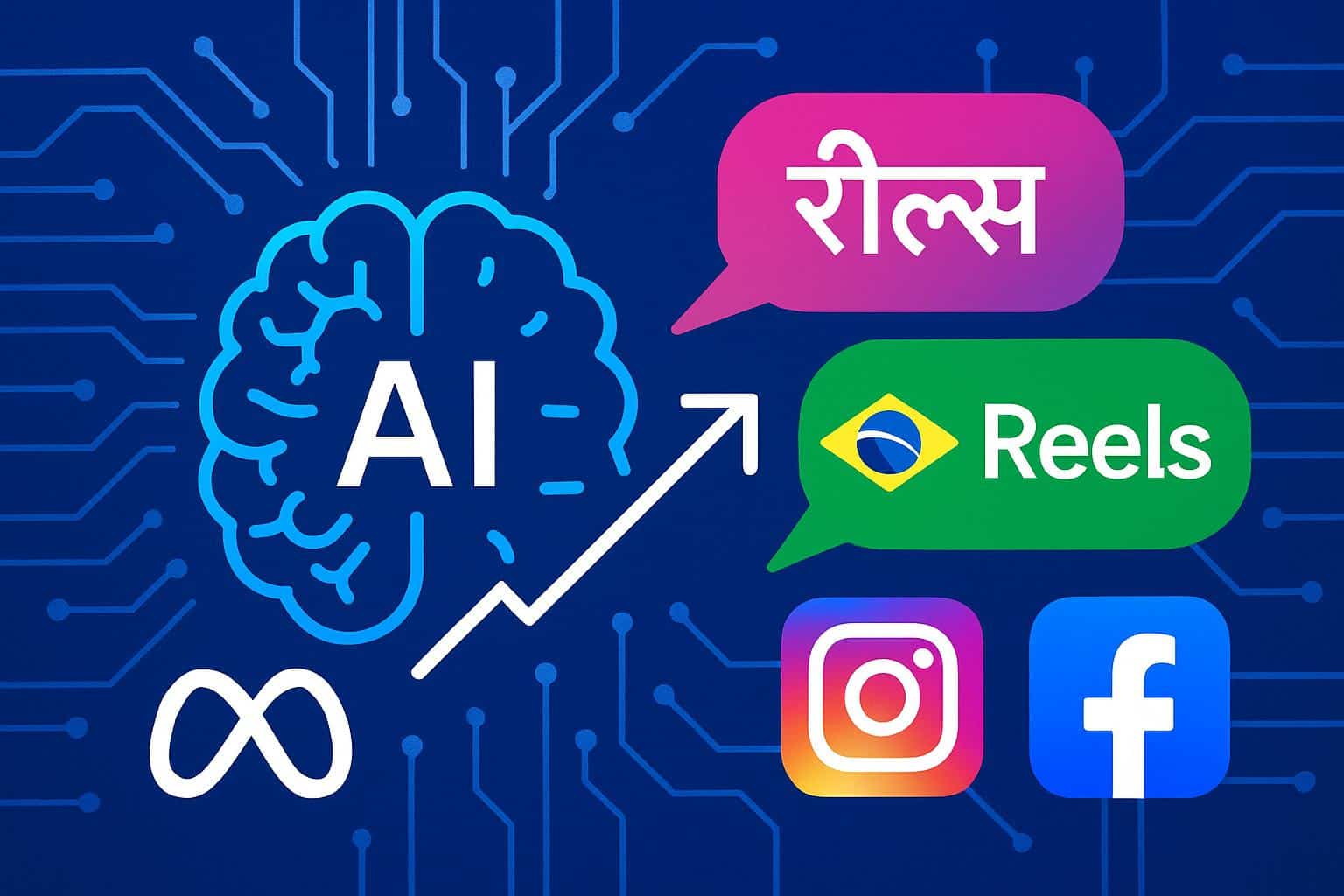 Meta and Instagram Reels logos with AI translation arrows to Hindi and Portuguese