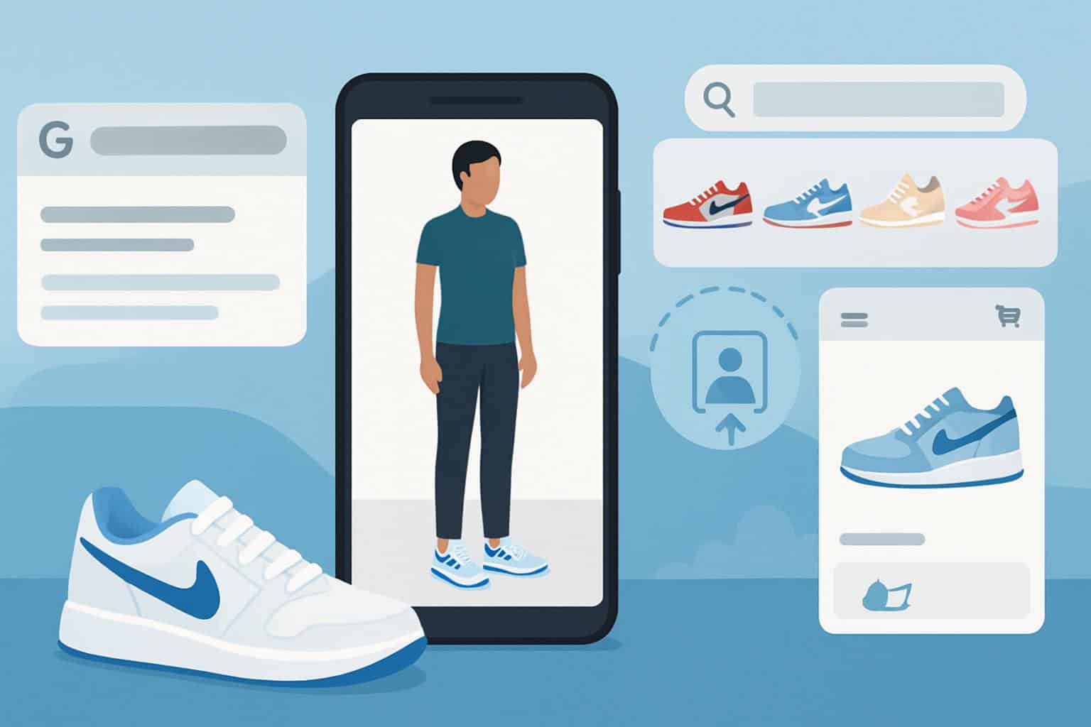 Google AI virtual try-on for shoes shows AR sneaker previews on a mobile shopping screen