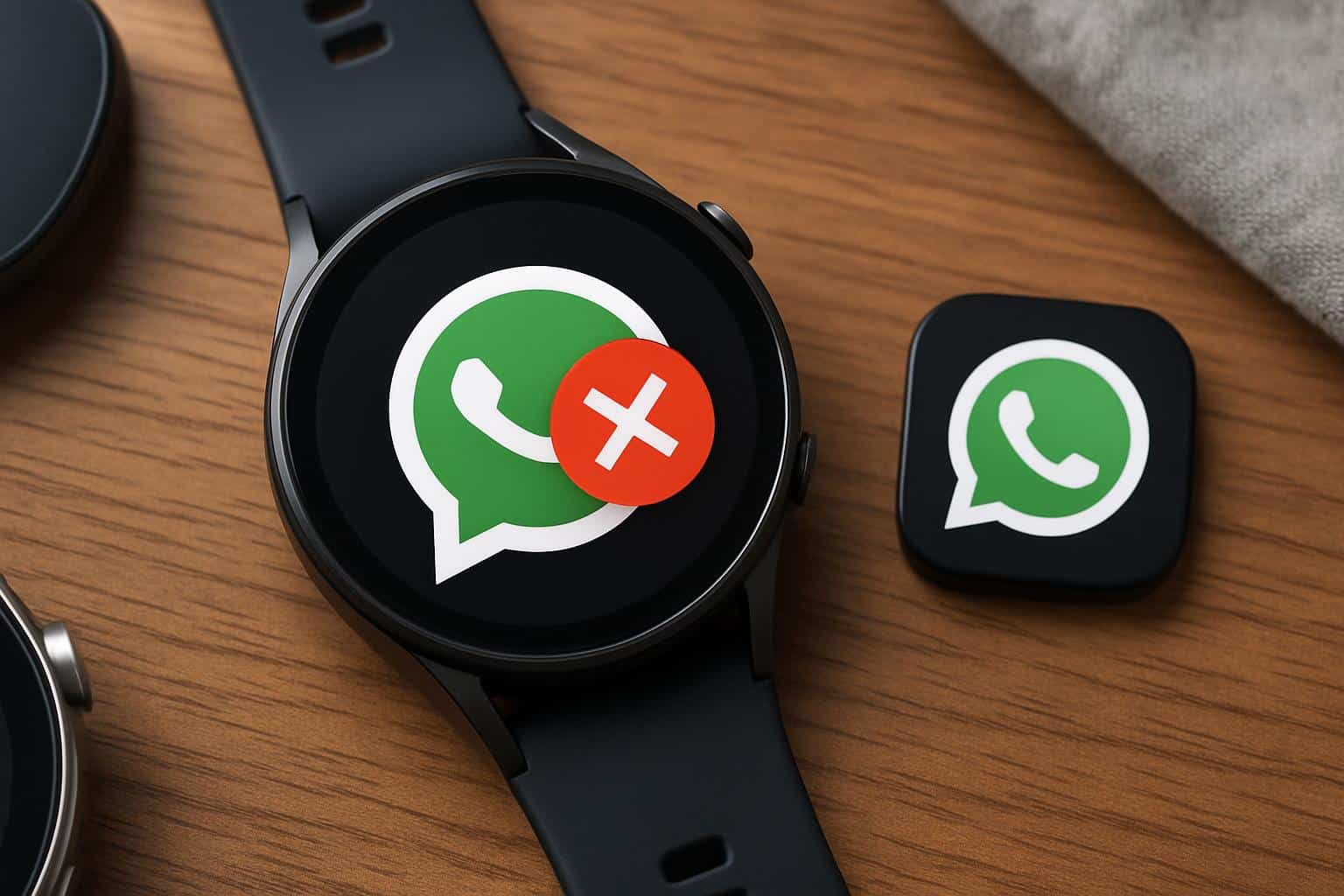 Wear OS smartwatch with WhatsApp icon and settings screen to fix app not working