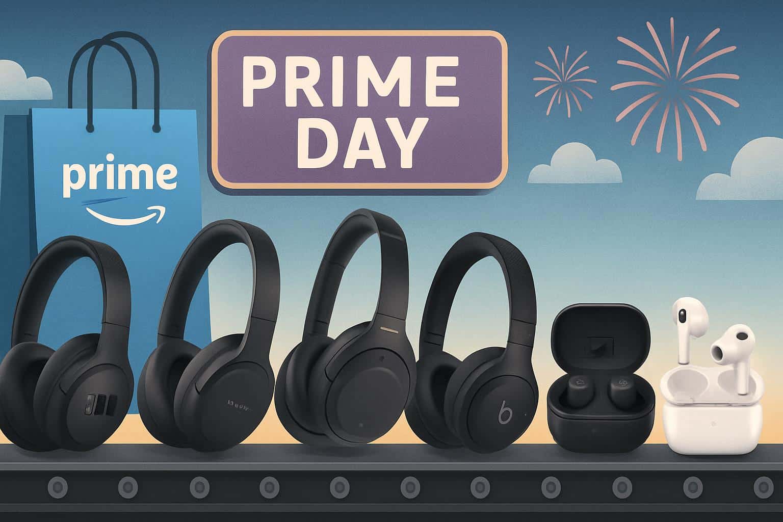 Assorted big-brand headphones with Prime Day sale tags, highlighting still-live deals