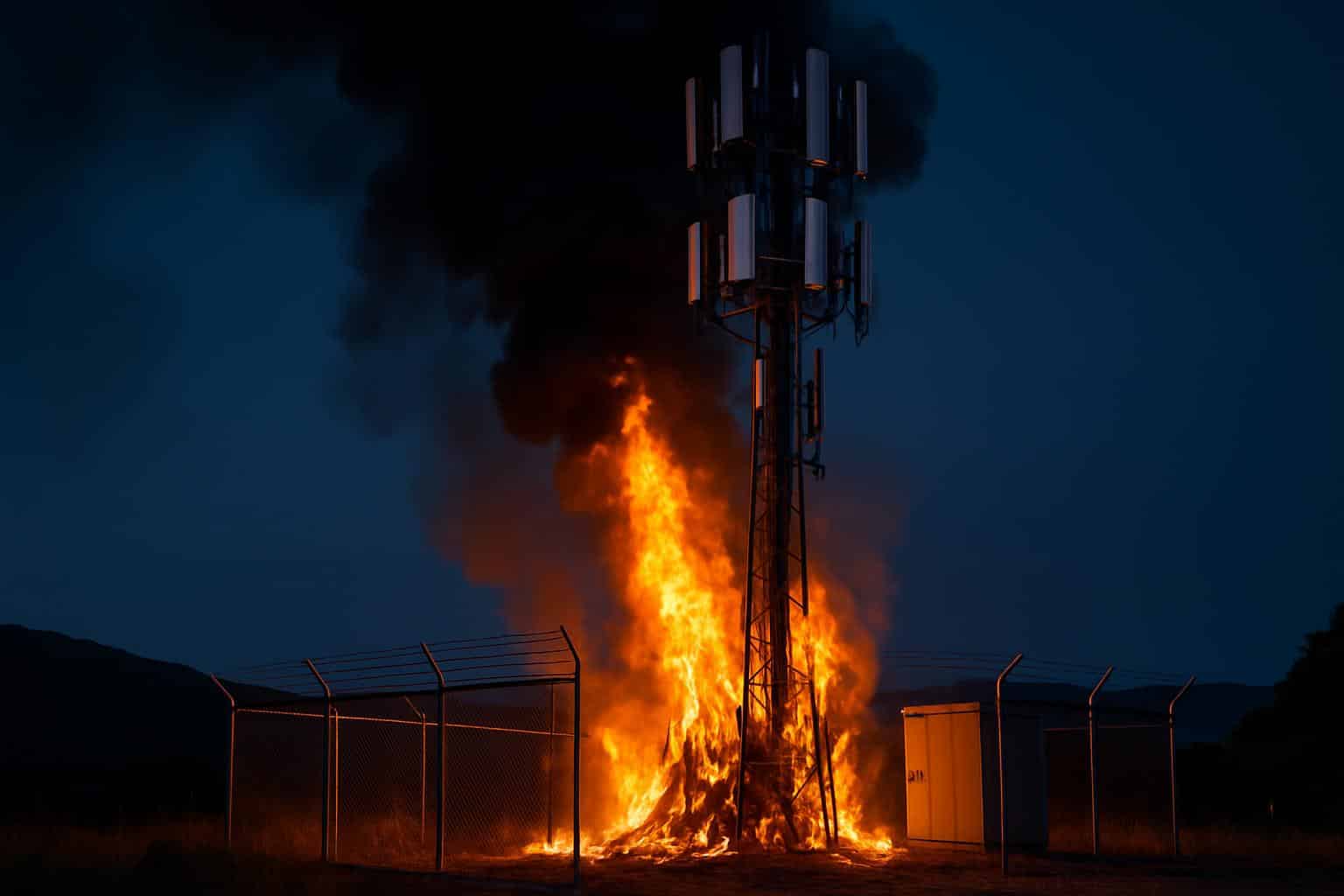 New Zealand cell towers ablaze after arson attacks, smoke rising from damaged masts