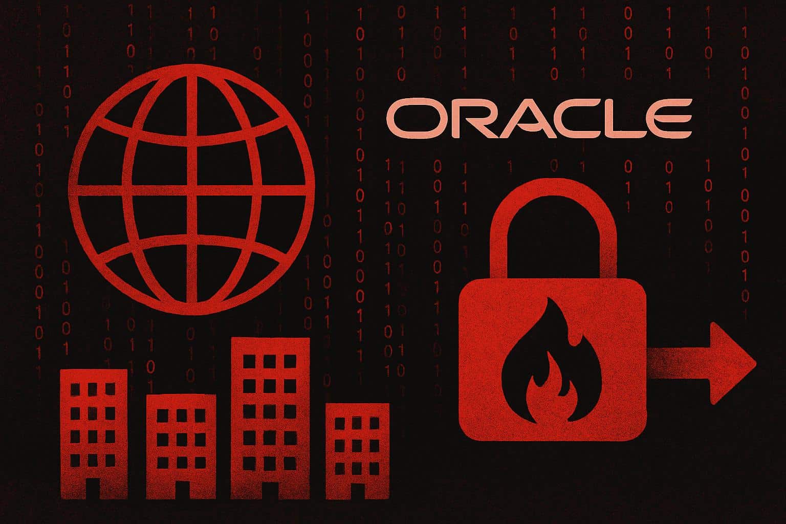 Oracle logo with red padlock over code, depicting cyberattacks on dozens of organizations