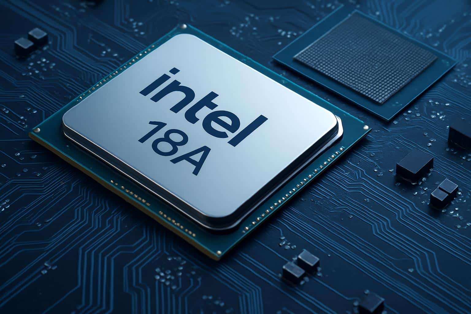 Intel 18A processor platform chip on blue semiconductor circuit board with Intel logo