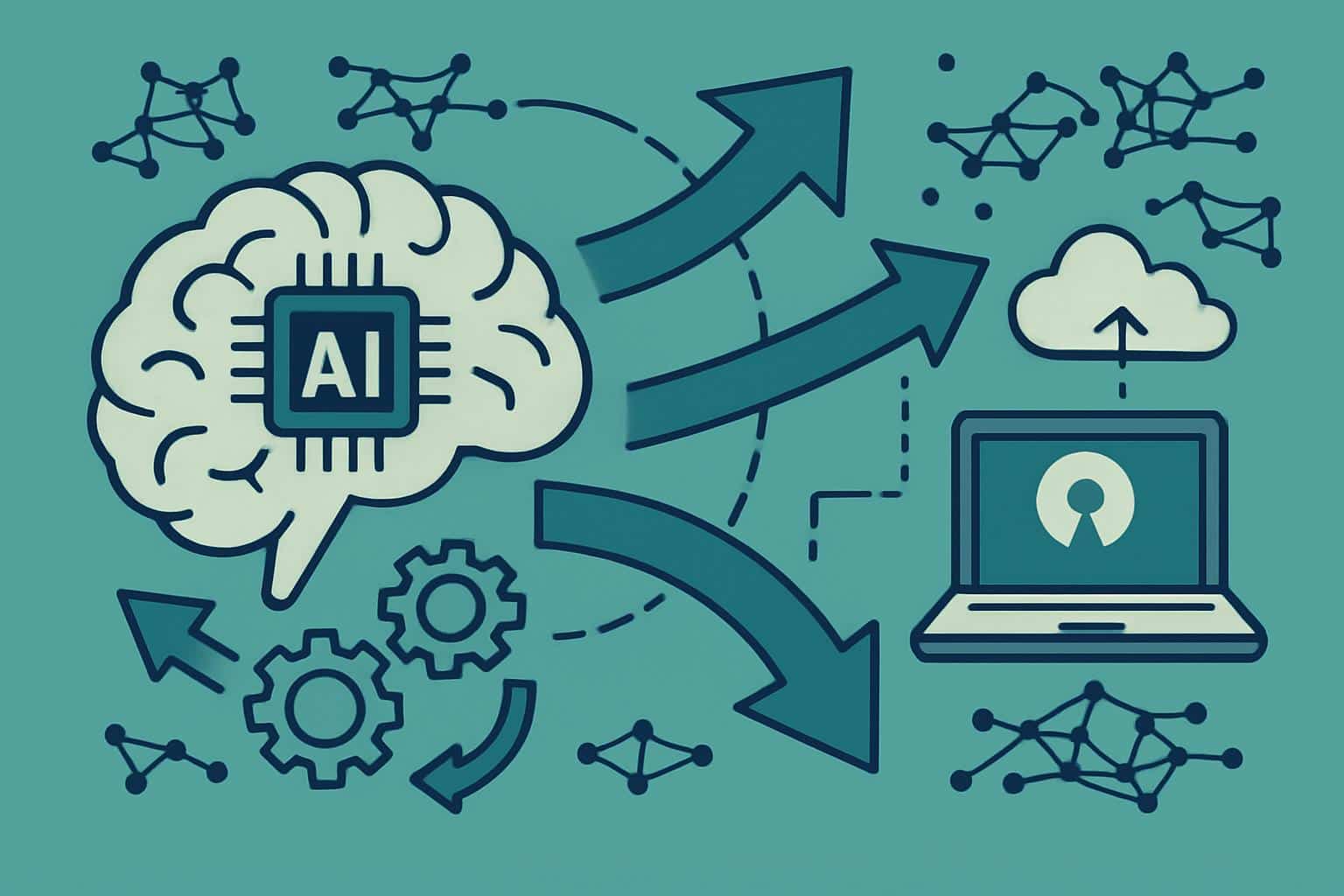Navigating the open-source AI swarm: network of nodes, code icons, and data flow
