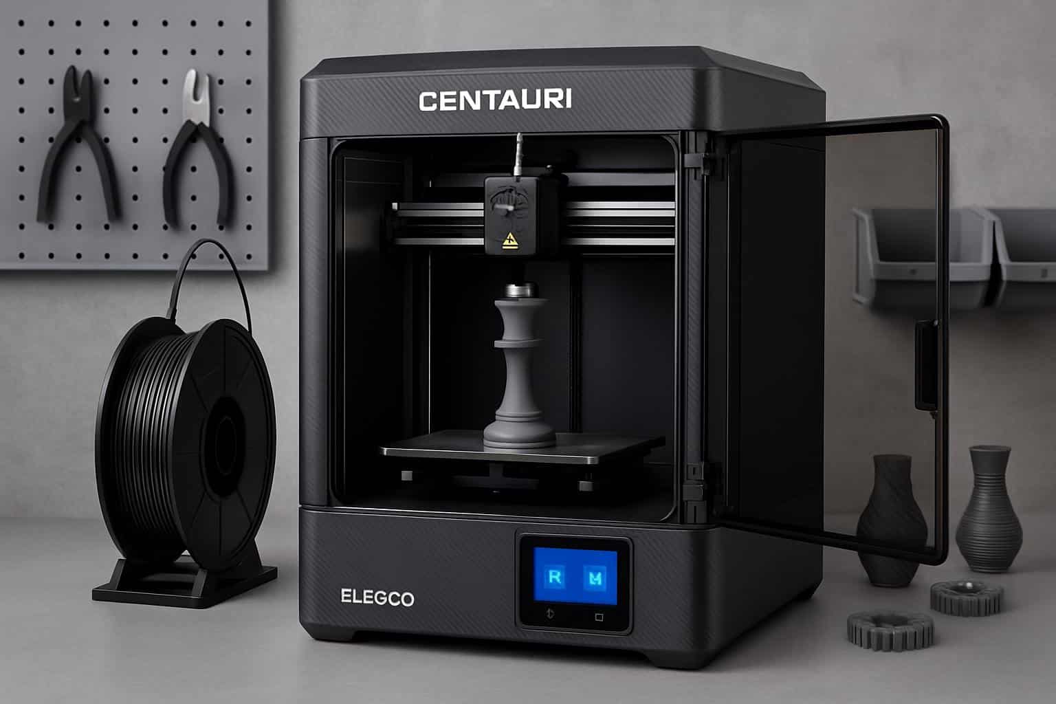 Elegoo Centauri Carbon 3D printer on workbench, front view of build area