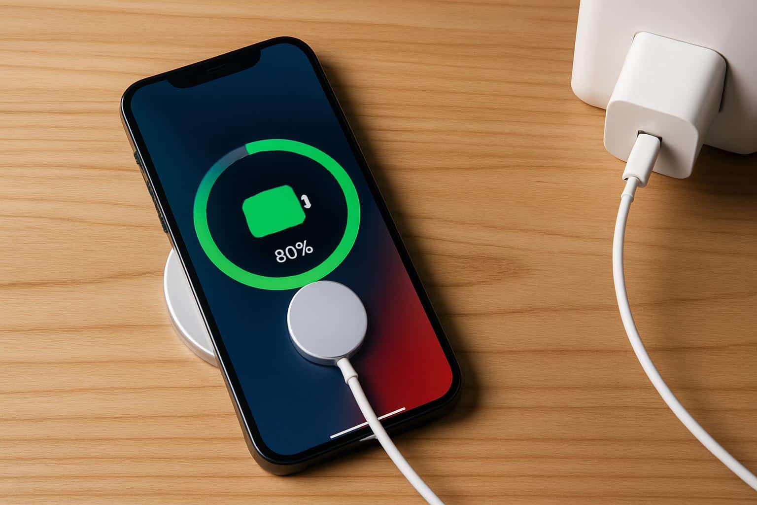 iPhone charging on a MagSafe charger with Apple USB‑C power adapter