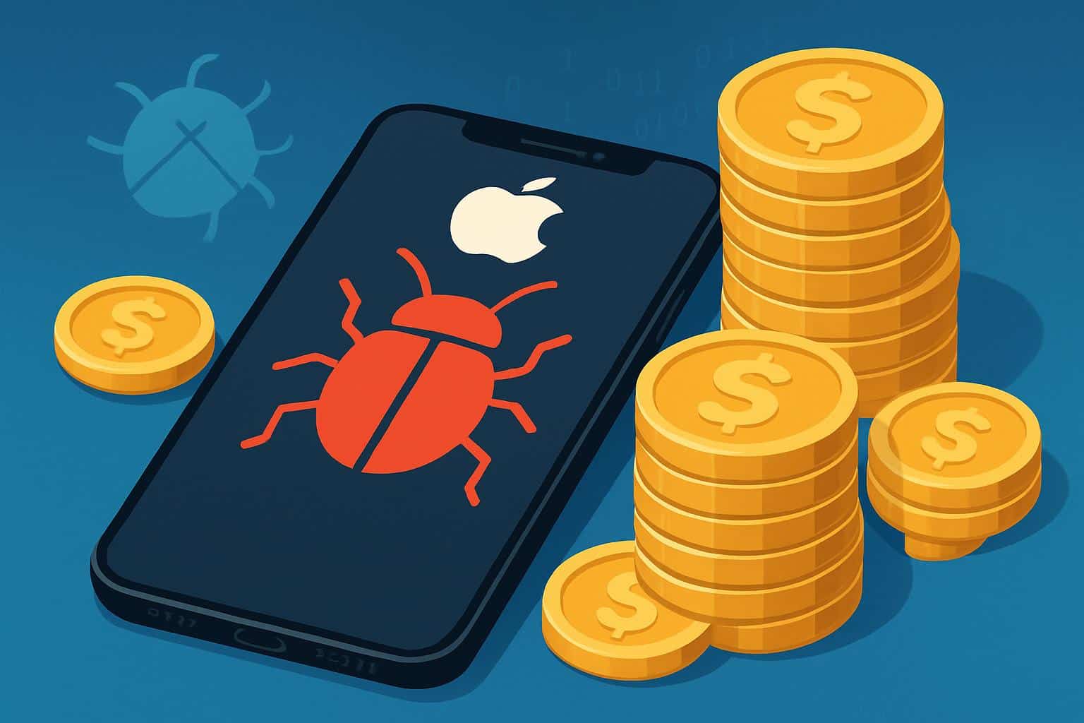 Apple bug bounty payouts in millions, shown with security shield and cash beside Apple logo