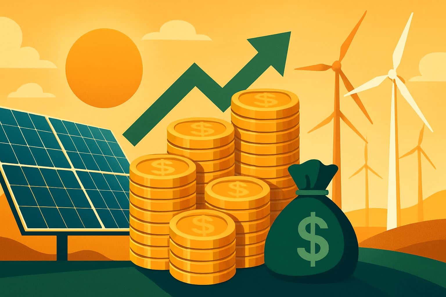 Wind turbines, solar panels and upward stock chart signal B energy transition investment
