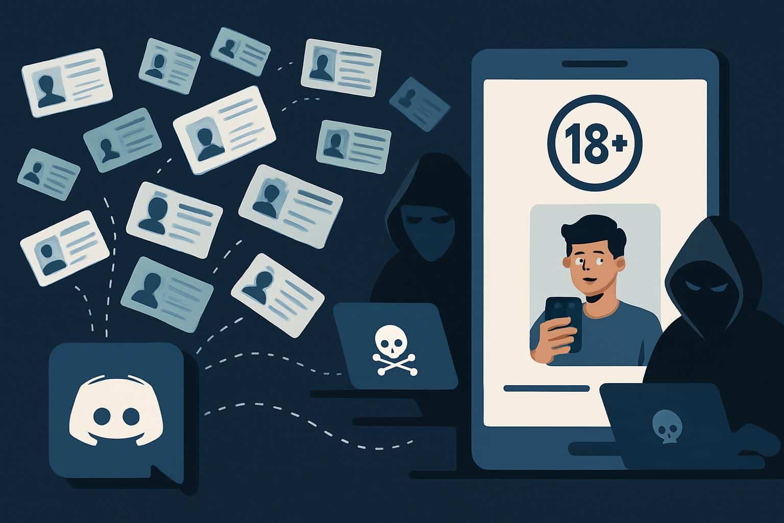 Discord logo with floating ID cards, age verification shield, and privacy lock