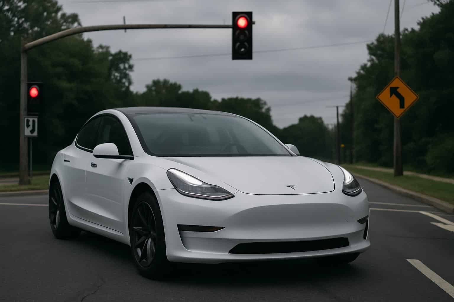 Tesla at traffic light amid Full Self-Driving investigation over red-light and lane errors