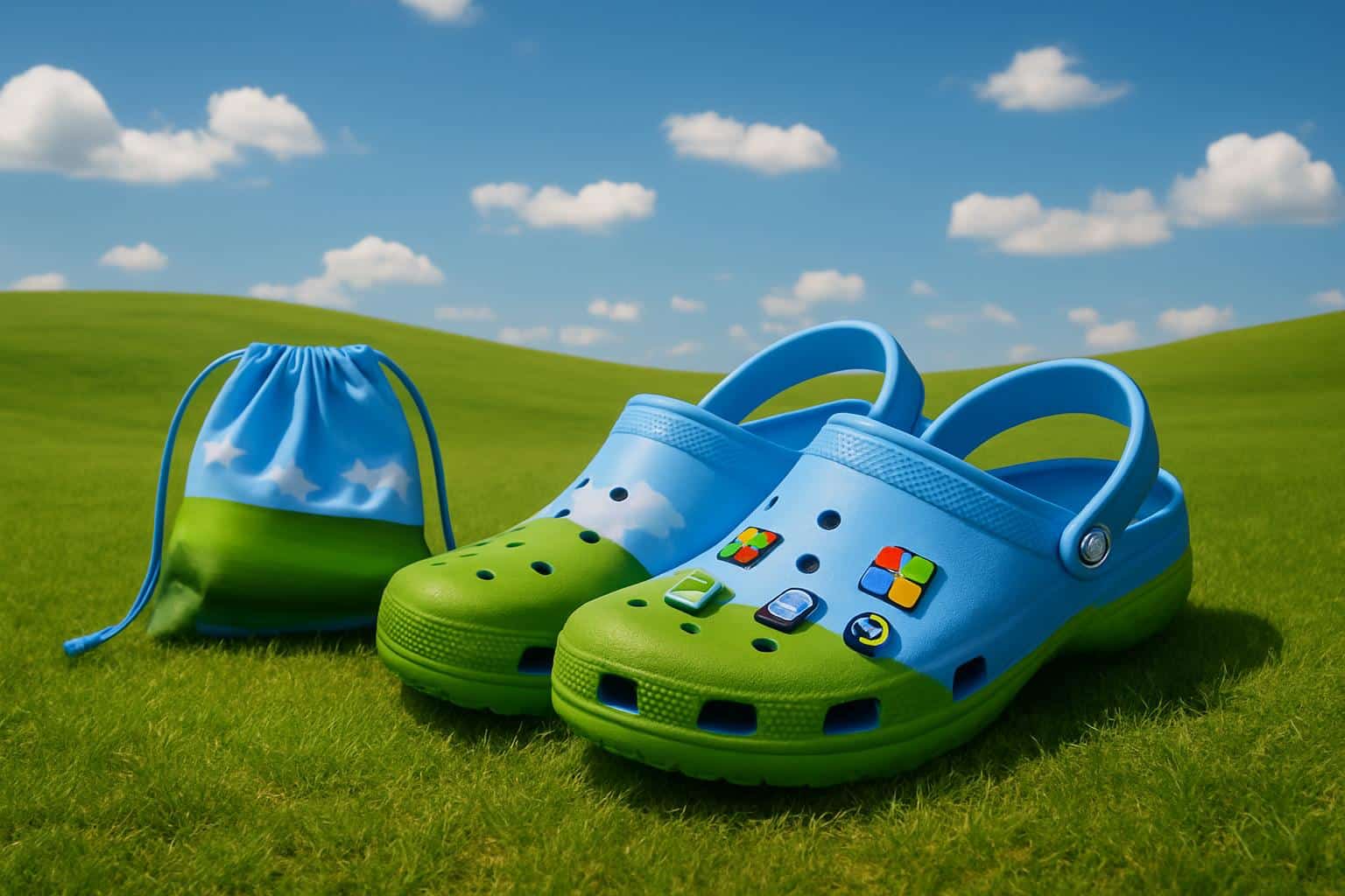 Windows XP Crocs with Bliss wallpaper design make tech nostalgia wearable
