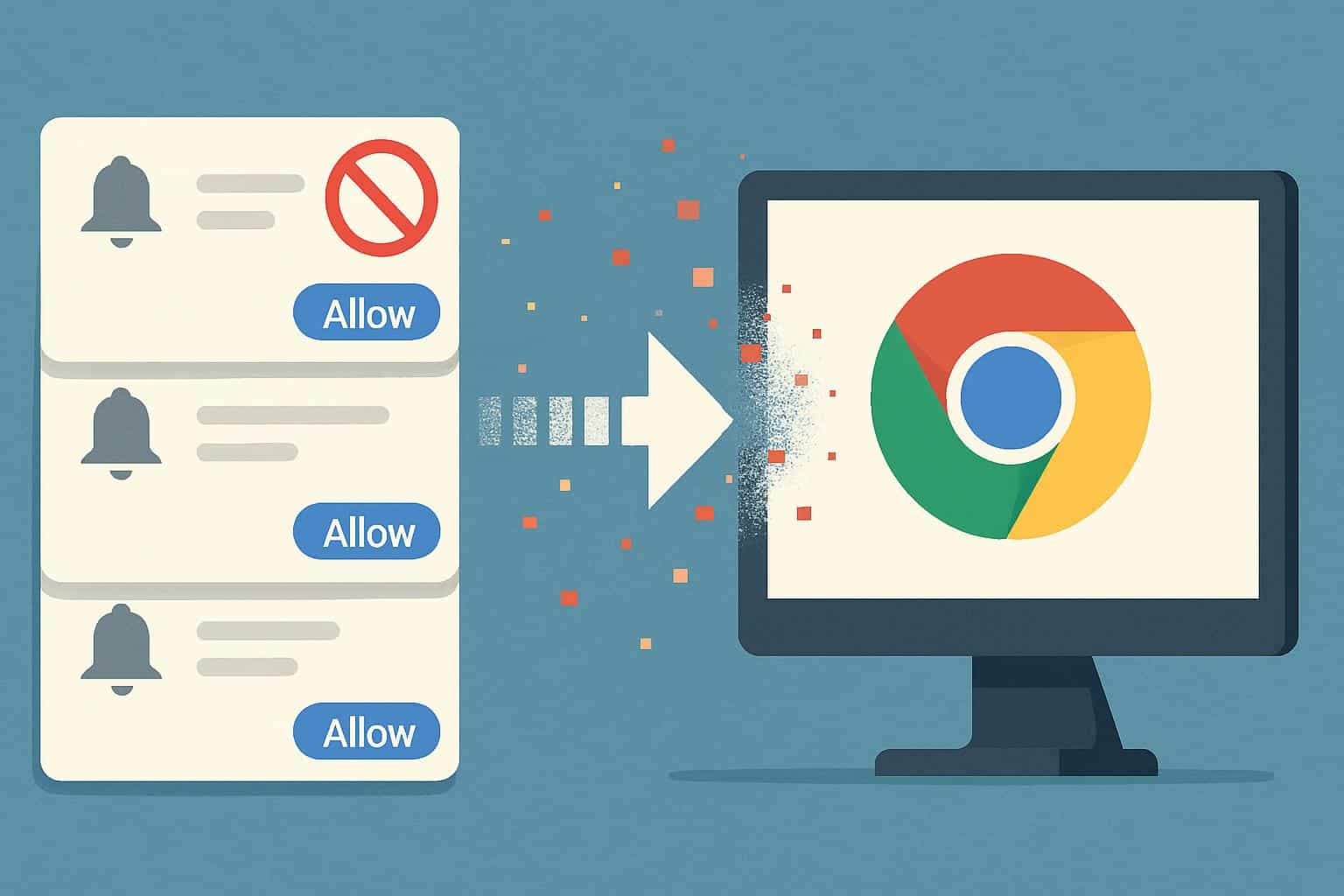 Google Chrome blocking unwanted notifications, pop-up prompts silenced with a crossed-out bell