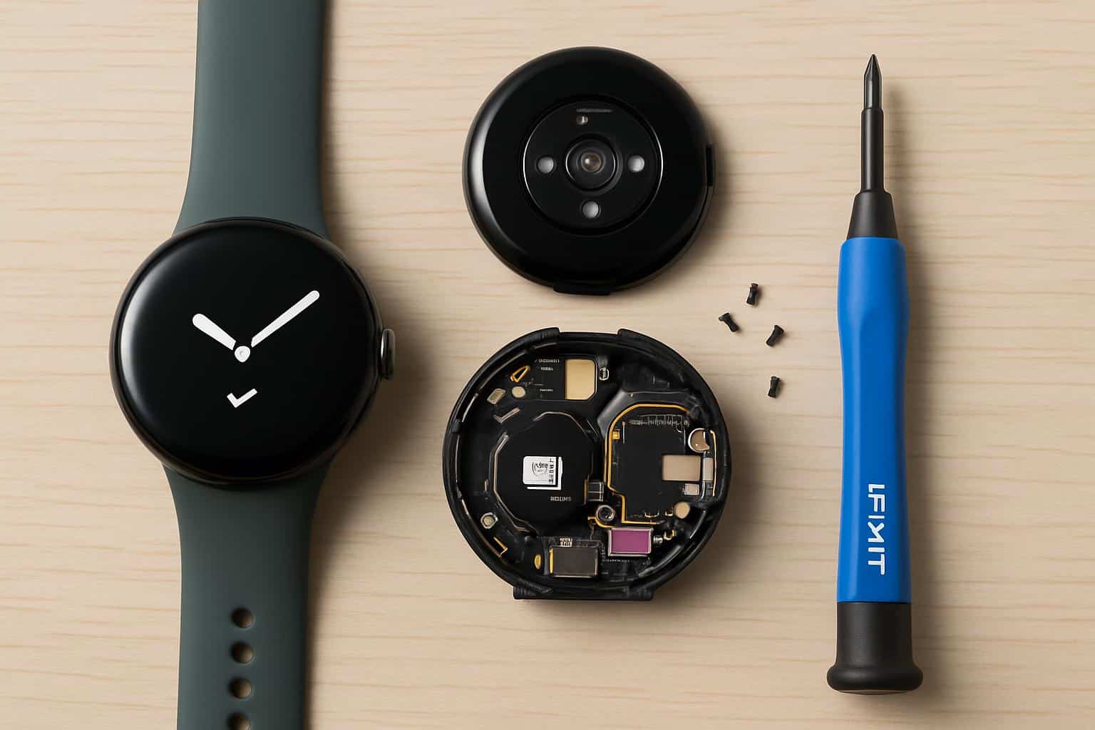 Pixel Watch 4 disassembled with parts and tools, iFixit most repairable smartwatch