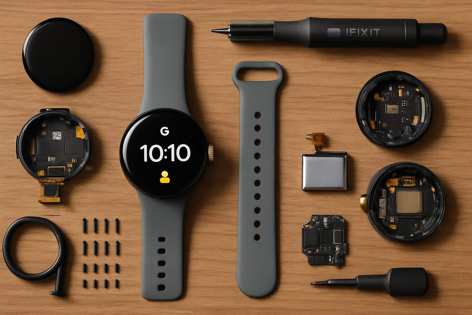 iFixit tools beside Pixel Watch 4, highlighting most repairable smartwatch