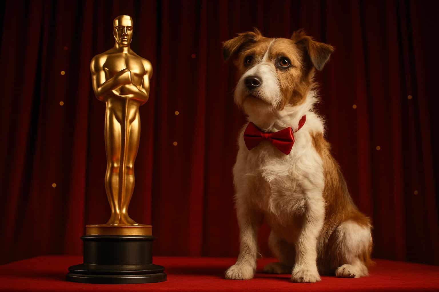 Indy from Good Boy seeks Academy Awards recognition beside an Oscar statuette
