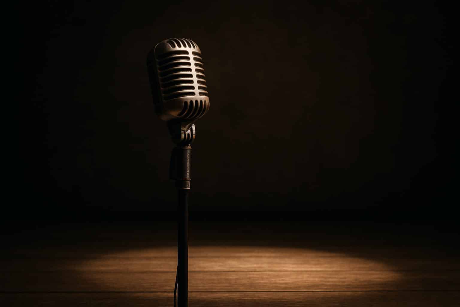 Spotlit microphone on comedy club stage as stand-up comedy film falls flat