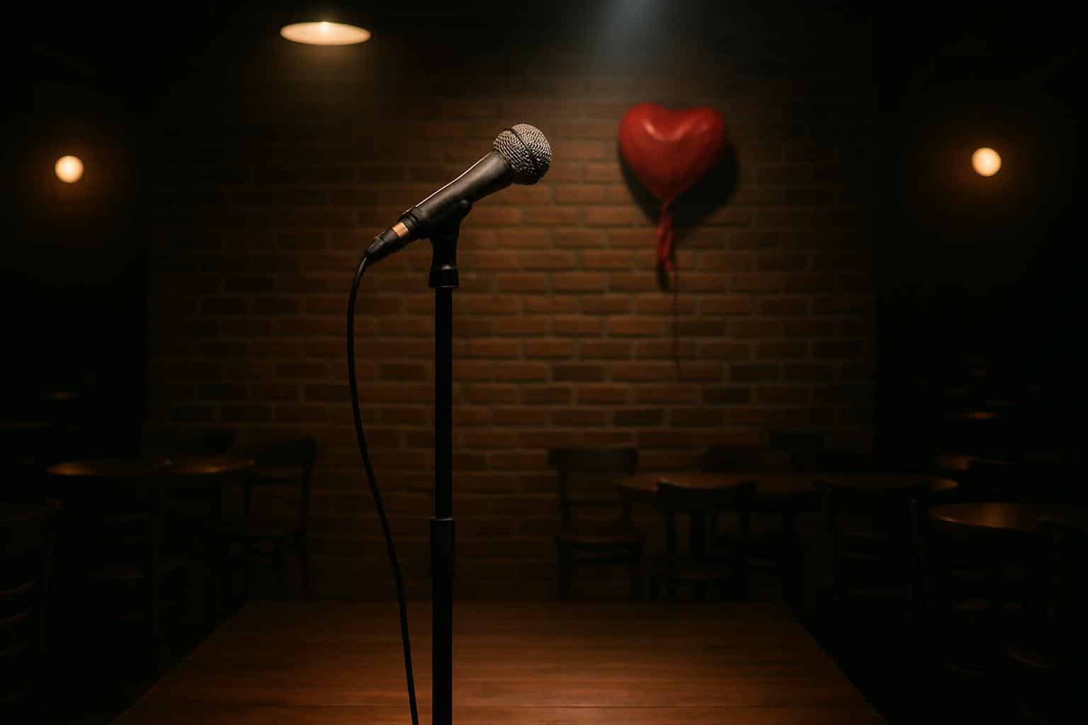 Microphone under spotlight on comedy club stage; stand-up comedy film flops
