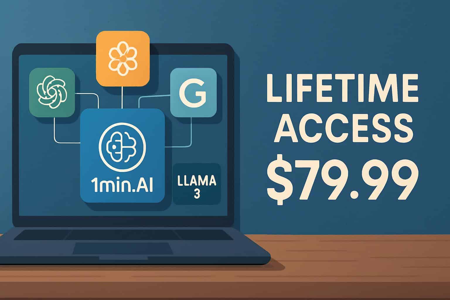 1min. AI lifetime deal: $79.99 access, promotional banner for the AI productivity app