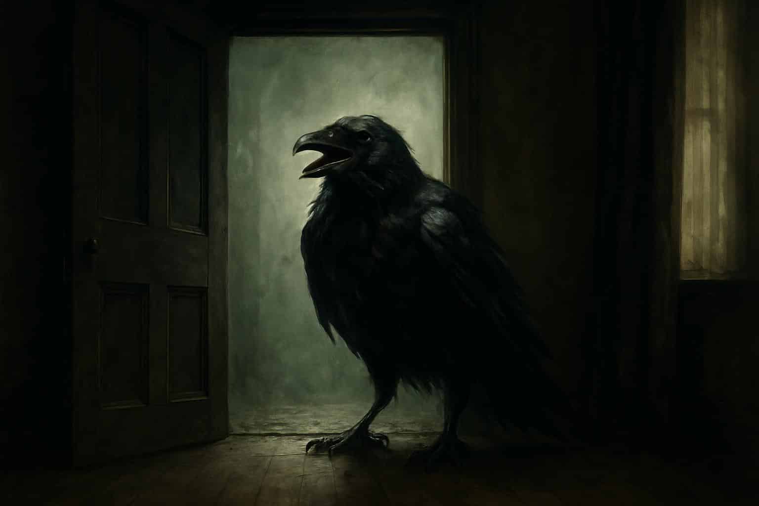 Crow perched at a wooden door, thematic art for A Crow at the Door review.