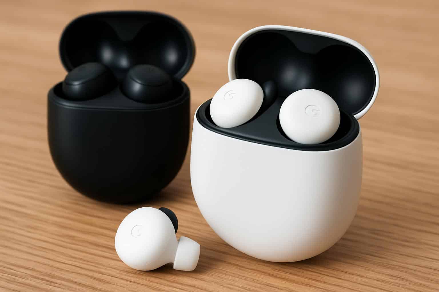 Google Pixel Buds 2a next to Pixel Buds Pro 2 in open charging cases
