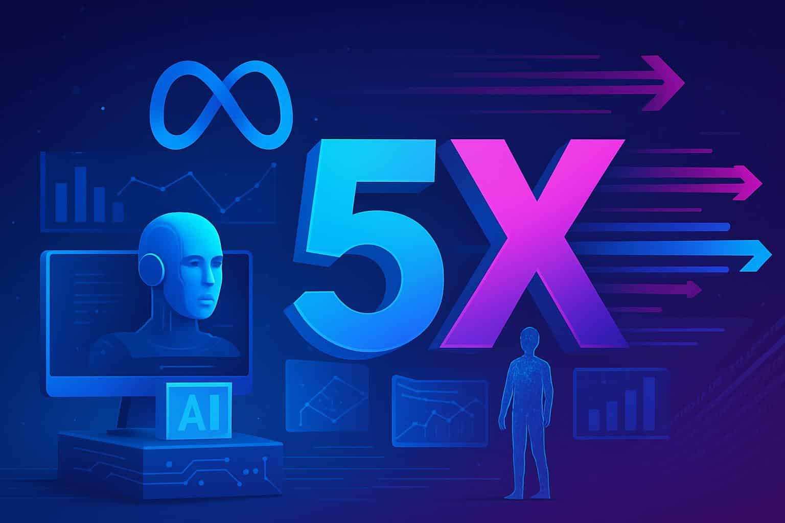 Meta logo with metaverse graphics and speed arrows, signaling 5X faster delivery