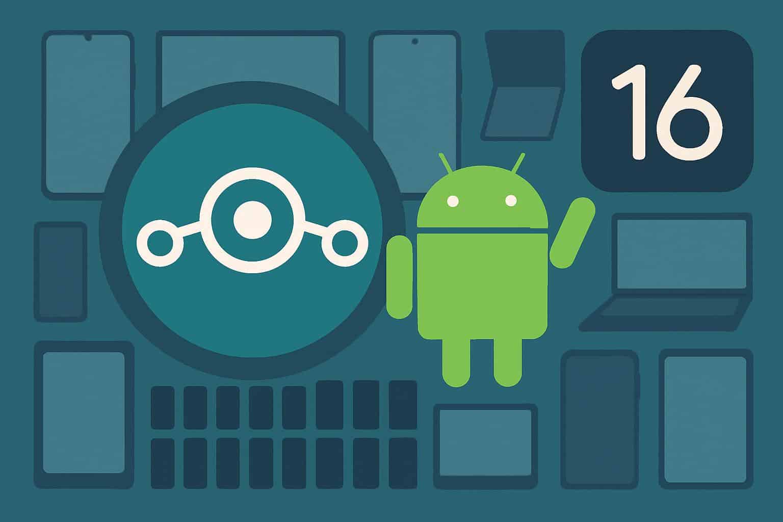 LineageOS and Android 16 logos with smartphones, 100+ devices now supported