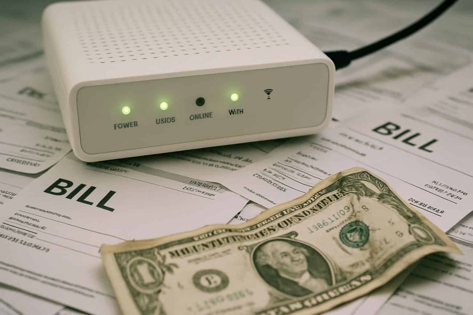 FCC logo over a broadband bill showing fees and surcharges