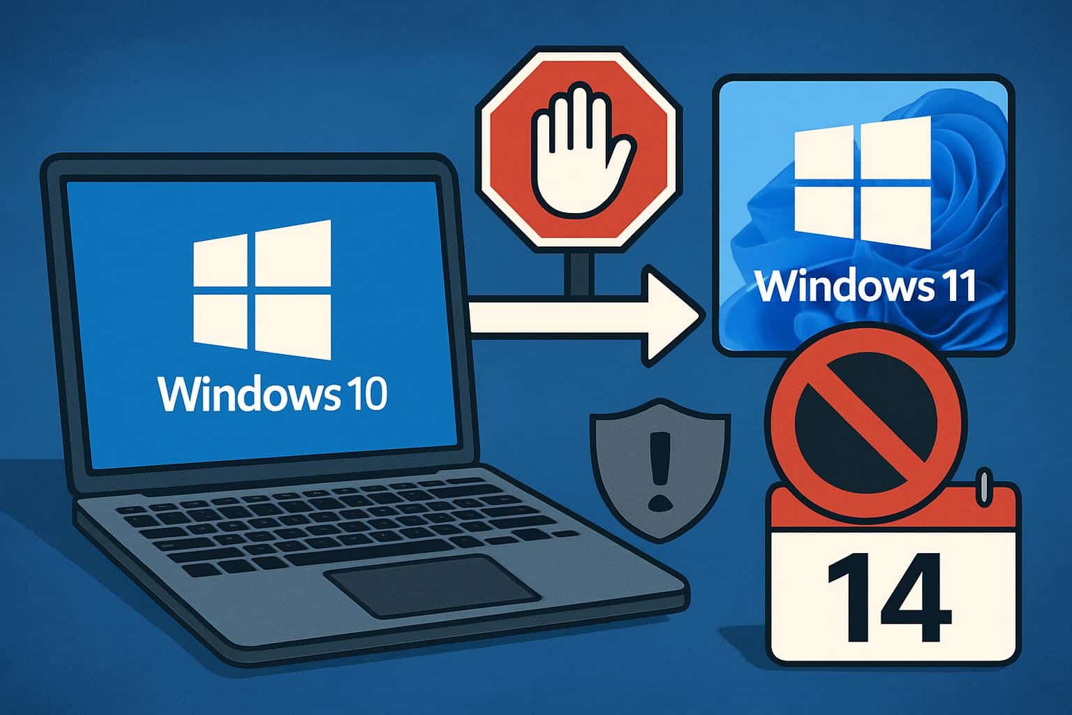 Windows 10 desktop with Start menu, end-of-support security updates and upgrade options