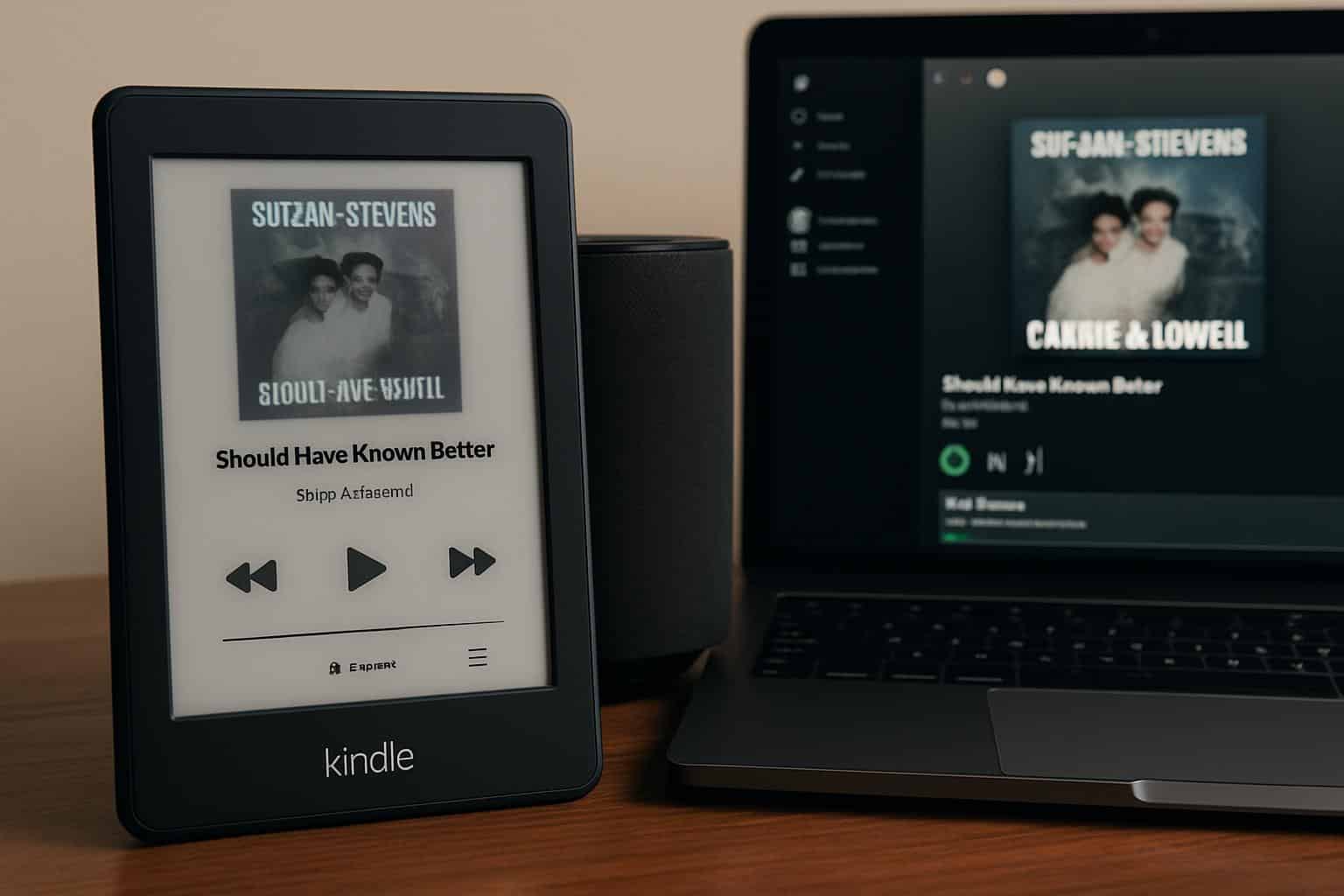 Kindle used as a dedicated Spotify remote controller, displaying music playback controls