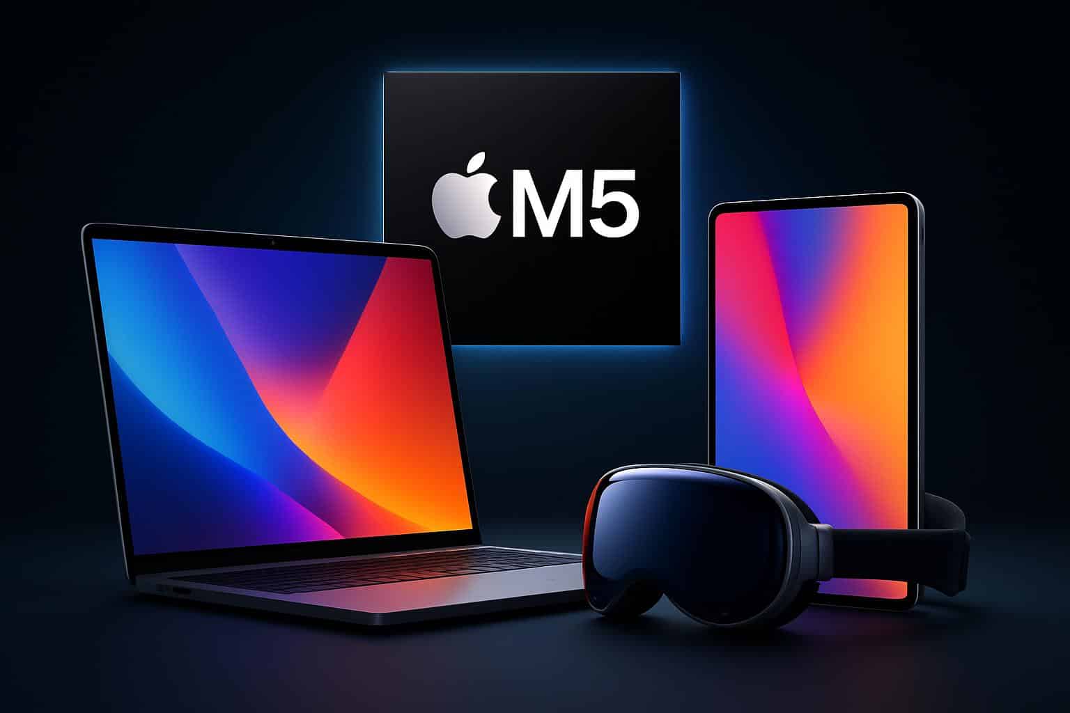 Apple's new M5 models launch concept with Apple logo and Mac lineup