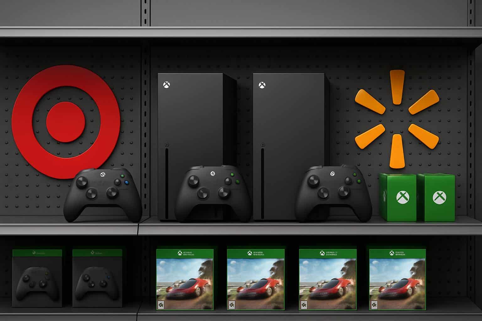 Target and Walmart retail shelves with Xbox Series X and Series S consoles