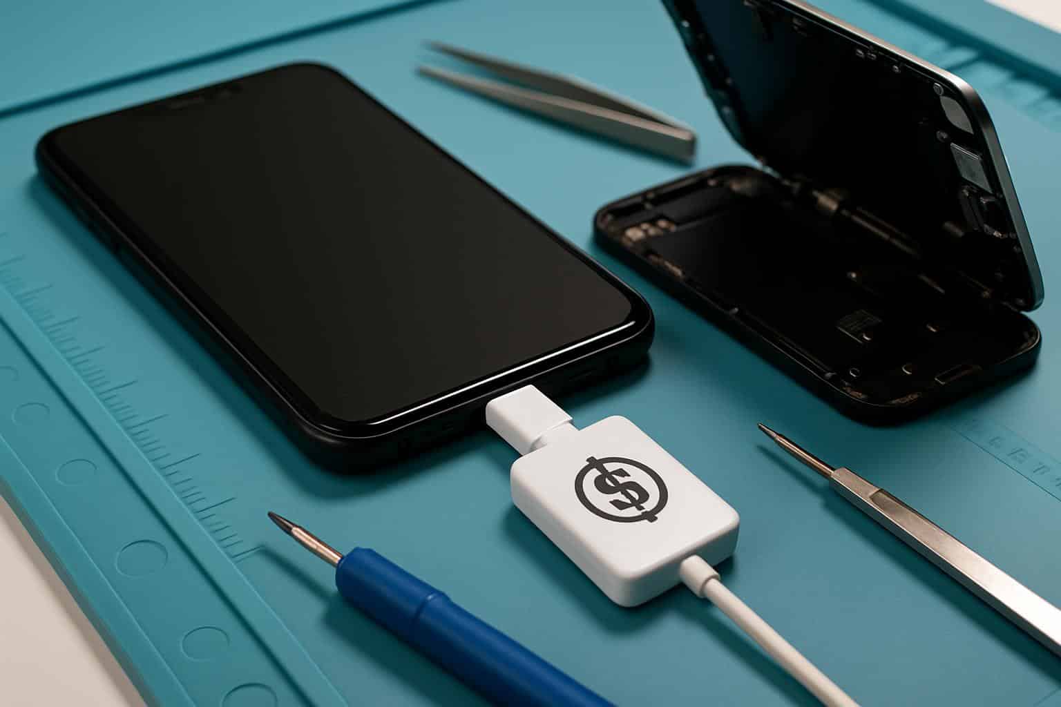  phone repair dongle connected to a smartphone during bench test