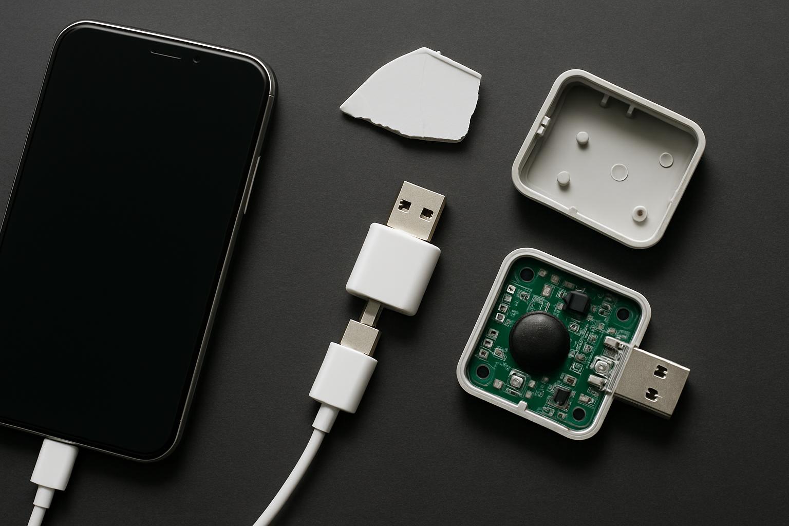 Testing a $5 phone repair dongle connected to a smartphone on a workbench