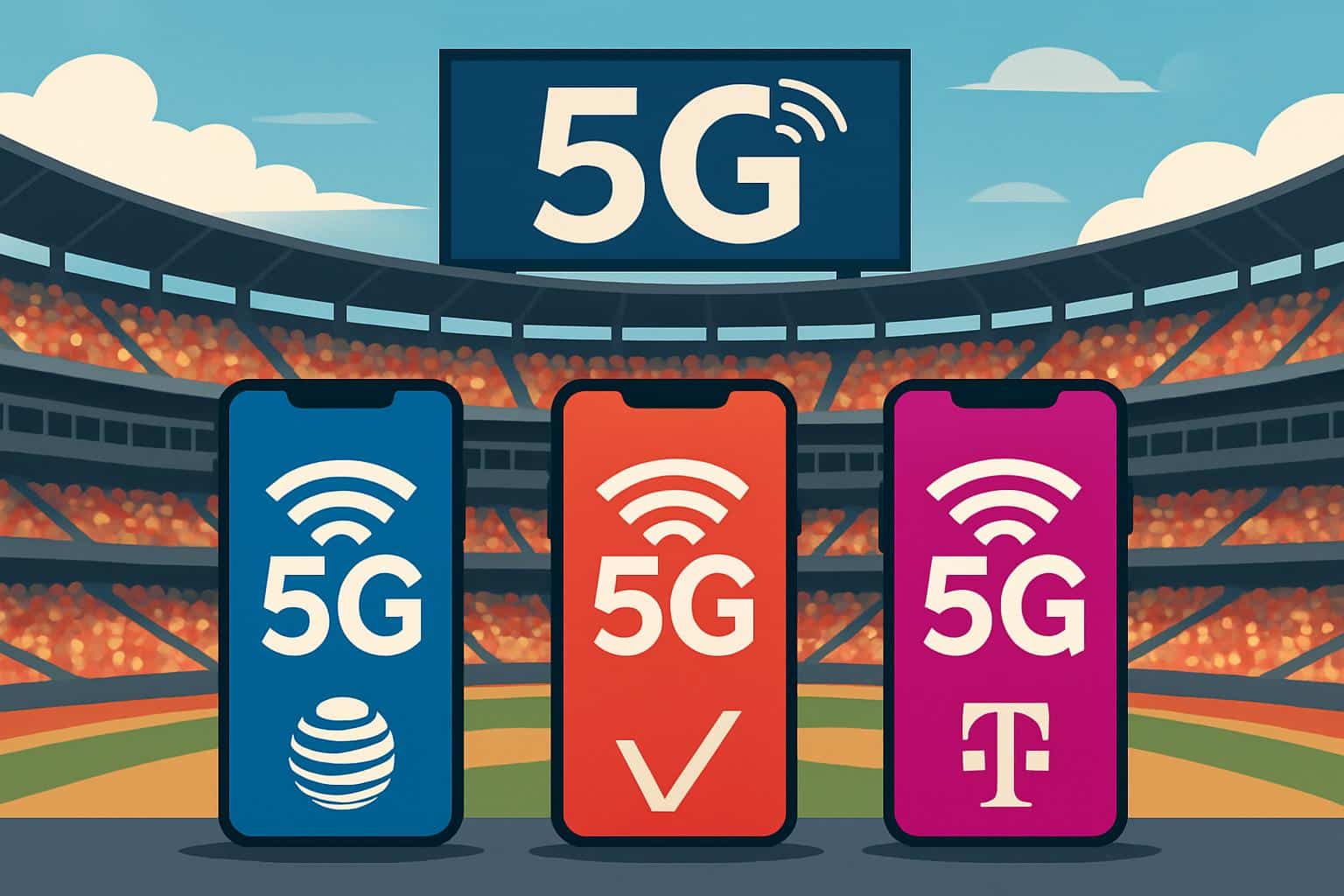 Stadium 5G faceoff with Verizon, T-Mobile and AT&T logos and network signal icons